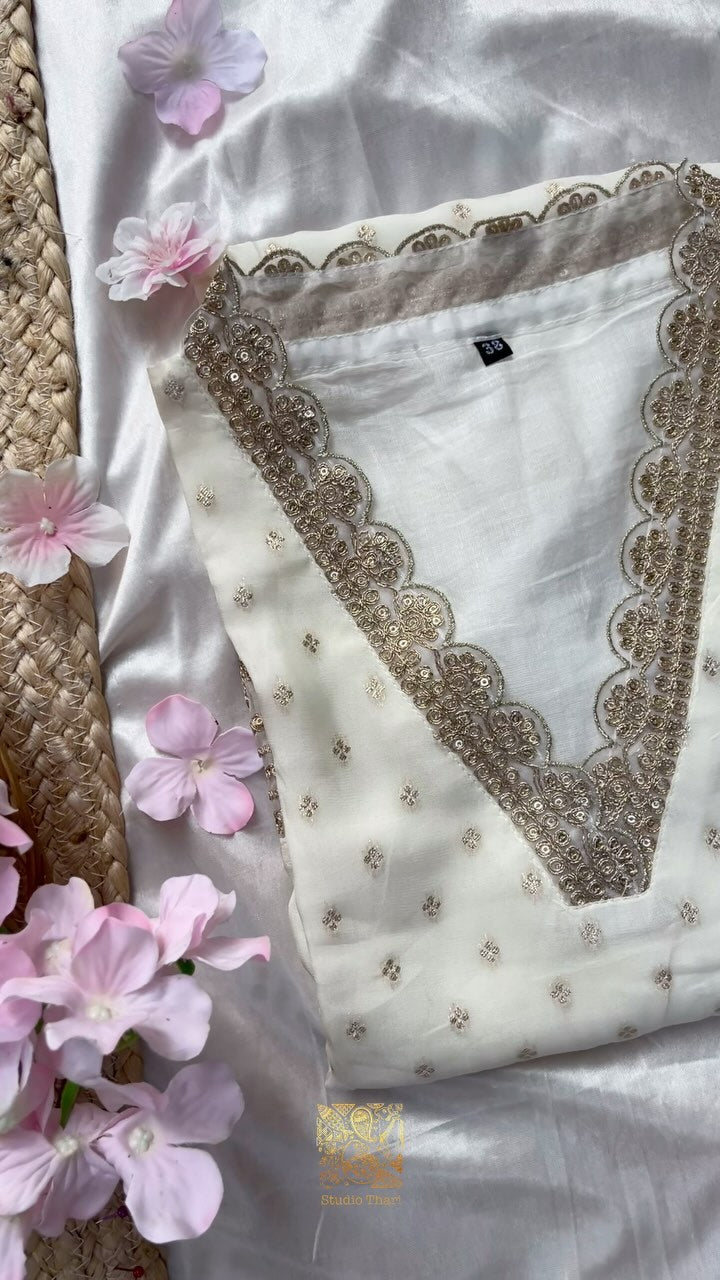 Georgette Kurta Set with detailed embroidered neckline  Shatoon straight stitched pant  Organza dupatta with scalloped lace border